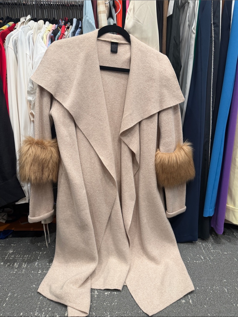 100% cashmere Cream Drape Front Sweater Coat with removable Faux Fur Cuffs